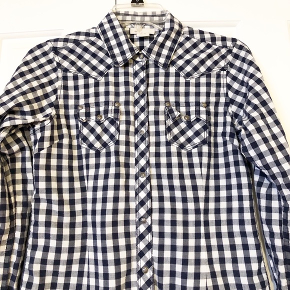 Ariat western style dark blue white checkered fitted long sleeve button fron top - Picture 2 of 16